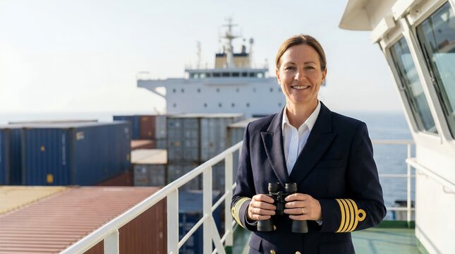 Smiling Female Ship Captain in Uniform Holding Binoculars on Bridge Wing Deck of Container Vessel, Overseeing International Maritime Logistics and Freight Navigation