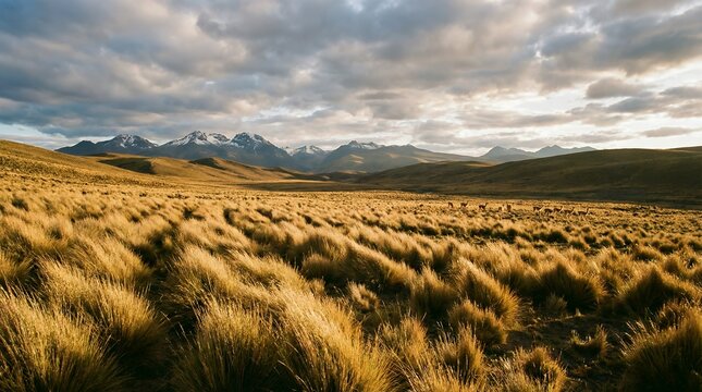 Golden Andean grassland with wild vicuna herd and snowcapped mountains at sunset, dramatic South American wilderness landscape for travel, conservation, and nature backgrounds