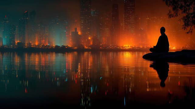 Silhouette of a person meditating by water with a city skyline in the background