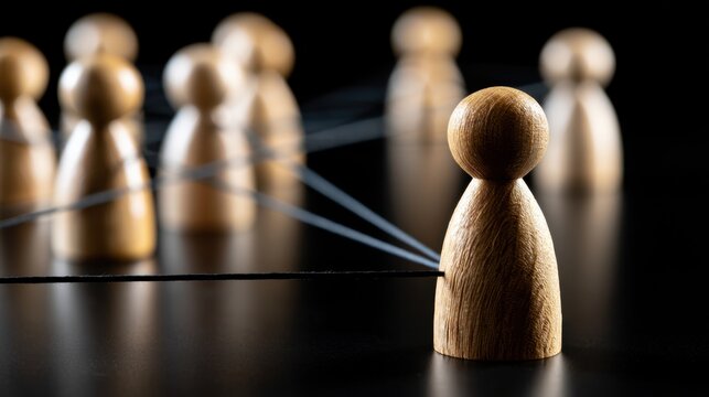 Conceptual image of wooden figures connected by black threads symbolizing teamwork collaboration and social networking on dark reflective surface