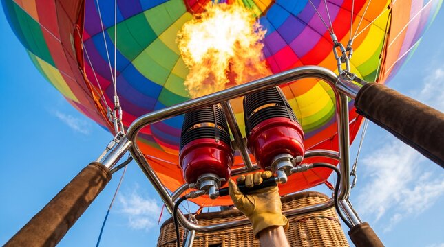 Hot Air Balloon Burner Ignites Colorful Hot Air Balloon During Flight Adventure