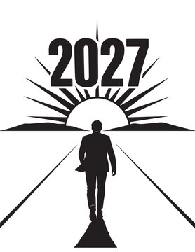 Silhouette of a man walking towards the rising sun with the year 2027 in the sky background