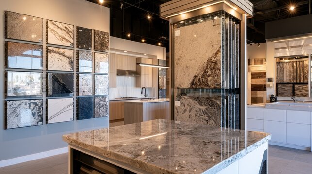 Granite countertop color samples in a modern showroom for kitchen and bathroom design
