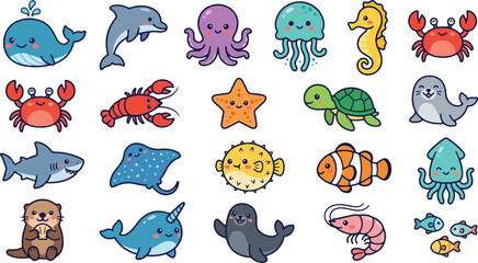 Cute Kawaii Sea Life Marine Ocean Animals Vector Sticker Set © Sultan12