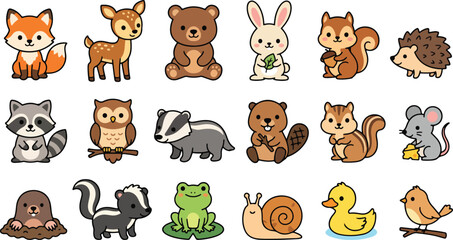 Fototapeta premium Cute Kawaii Woodland Forest Wildlife Animals Vector Sticker Set