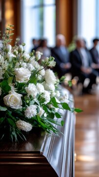 Elegant white flower arrangement resting on a wooden casket at a solemn funeral ceremony with attendees seated in the background