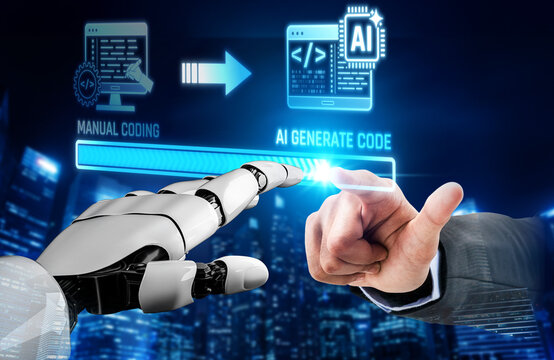 Futuristic Interaction Between Human and Robot in Coding Environment with AI Technology and Programming Symbols Representing Innovation. Liminal.