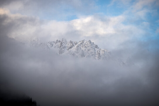 View of the peaks in the ski town of Chamonix, France.