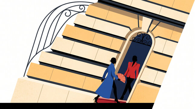 Two people walking towards a door with ornate staircase backdrop  