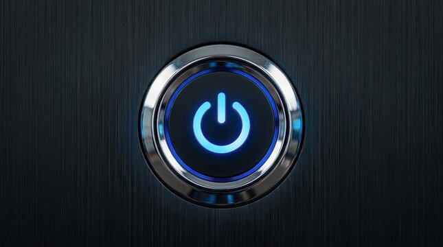 Sleek Blue Glowing Power Button on Dark Brushed Metal Panel - Concept for Technology and Innovation