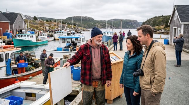 Senior fisherman talking to tourists on harbour dock near fishing boats. Concept of fishing village, local guide.