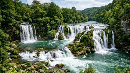 Fototapeta premium Wide View of Powerful Emerald Waterfalls Cascading Over Travertine Barriers