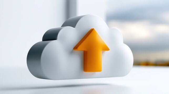 3d illustration of a white cloud icon with an orange upward arrow symbolizing digital data upload and cloud technology on a blurred background