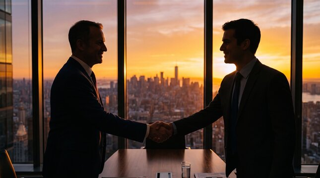 Two men in silhouette shaking hands in an office overlooking a city at sunset, 84 characters
