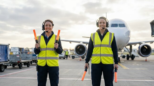 Female airport ground crew marshals in safety vests holding signal wands on the tarmac in front of an airplane, illustrating commercial airline operations and aviation teamwork
