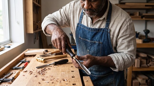 Senior African American Carpenter Shaping Wood With Chisel at Workbench in Carpentry Workshop. Concept of woodworking, wood carving.