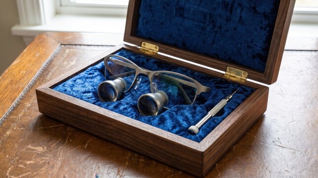 Professional dental loupes glasses stored in a velvet wooden case on a table. Concept of surgical loupes, binocular loupes, magnification glasses, medical equipment.