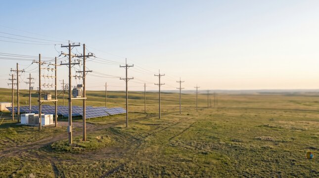 Solar farm with power lines and transformer station in green field landscape. Concept of renewable energy, solar panels, power grid. Copy space.