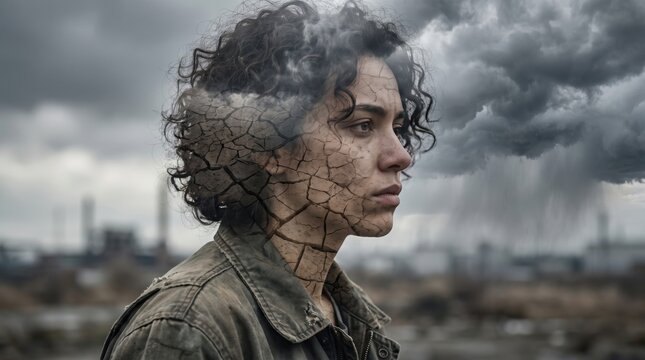 Conceptual portrait of woman with cracked skin and storm clouds representing depression mental health struggle anxiety and stress. Concept of burnout. Copy space.