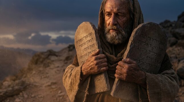 Ancient prophet deliver: Moses receive, divine law, Ten Commandment, moral code, stone tablet, Hebrew script, Sinai mountain, desert landscape, solemn wisdom.