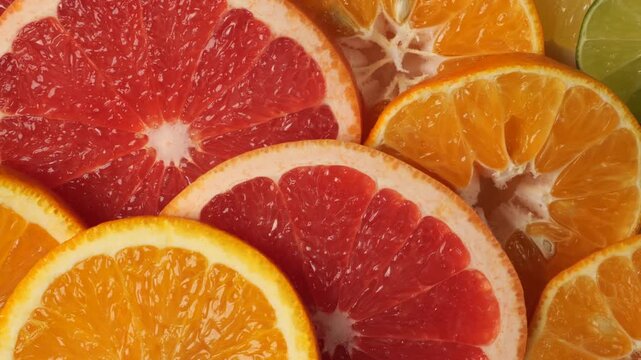 Fresh citrus fruit slices background moving slowly