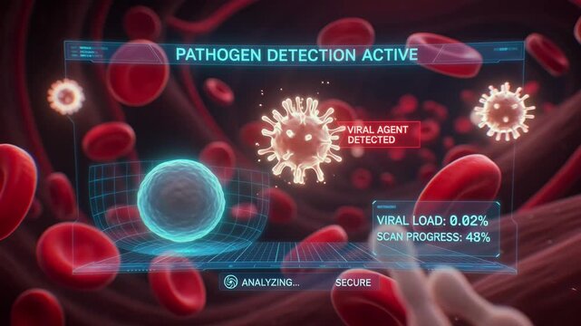 Bloodstream pathogens circulating in macro view while holographic detection overlays scan viral agents among red blood cells for medical diagnosis, infection monitoring, biotech analysis, screening.