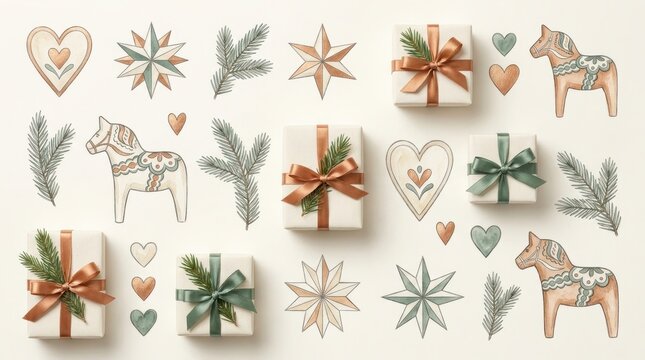 Watercolor christmas elements set with dala horses, gift boxes, stars, and pine branches isolated on white background