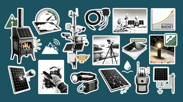 Solar Surveying Site Mapping Tools Drone GPS Compass Equipment, Hand Drawn Vintage Retro Laptop Camera Solar Panel Measurement Tripod
