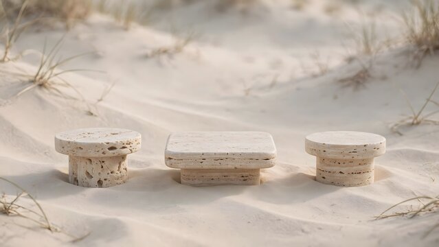 Rustic square stone podium mockup on coastal sand background