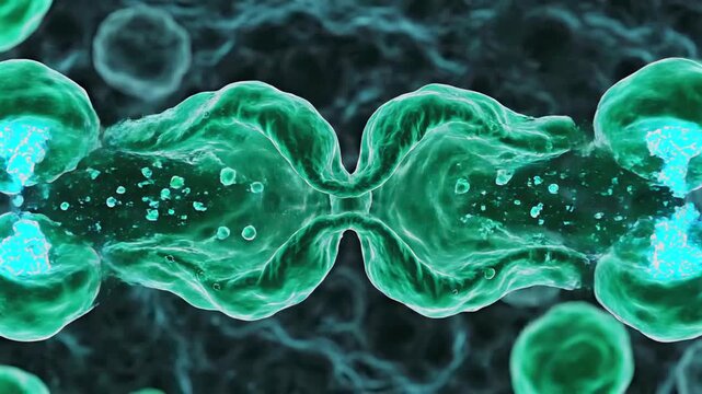 Cancer cell dividing rapidly macro view in microscopic tissue environment for oncology research, tumor progression visualization, biotech education, medical media, and disease mechanism communication.
