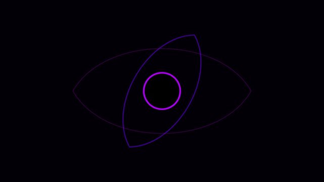 Neon purple abstract eye shape rotating animation loop on 4k black background