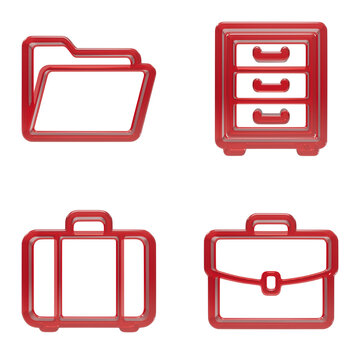 Collection of vibrant red office storage icons featuring folders filing cabinets and professional leather business briefcases