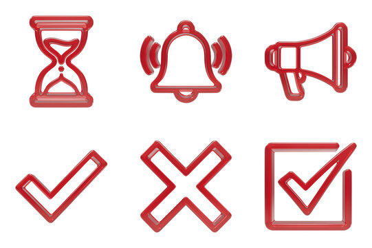 Red glossy icons including hourglass bell megaphone checkmark and cross for notifications and task management