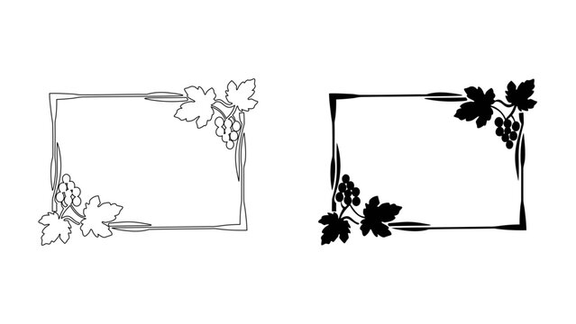 Grapevine rectangular border frame with clusters of grapes and vine leaves for winery labels or rustic event invitations.