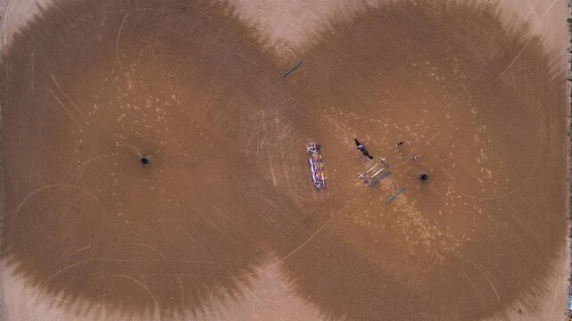 Aerial Top-Down View of Horse Riding Arena and Equestrian Show Jumping