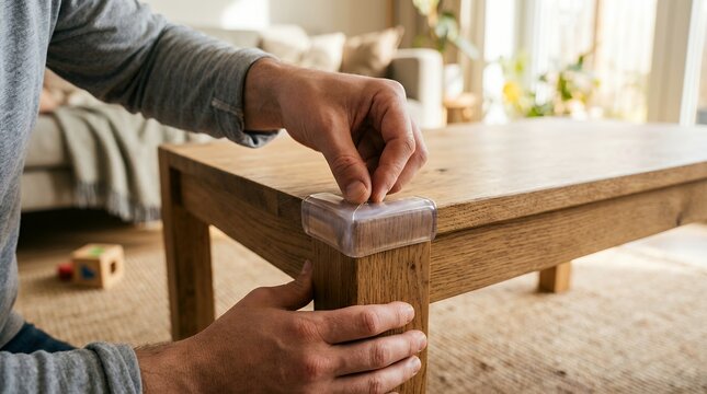 Father childproofing wooden coffee table with clear silicone corner protector for home safety