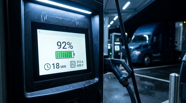 Electric semi truck charging at night with digital display showing high battery percentage