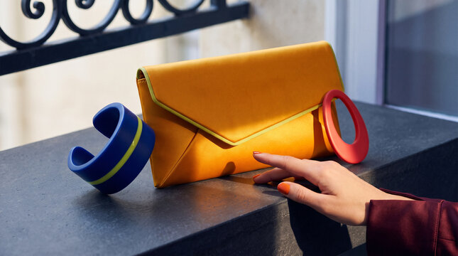 Hand reaching for colorful accessories on a ledge outside  