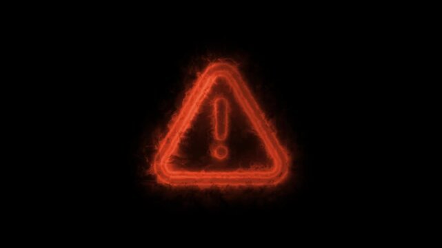 Glowing dark red neon electric warning triangle sign animation on black background loop.