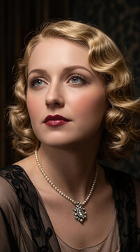 Elegant 1920s vintage woman with blonde finger waves and pearl necklace in retro style portrait