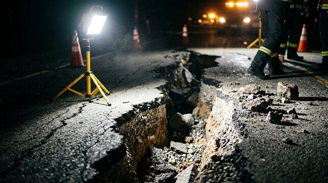 Emergency floodlight illuminating a deep fissure in a broken asphalt road at night.