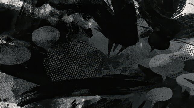Abstract comic-inspired charcoal grey background with halftone dots and speech bubbles