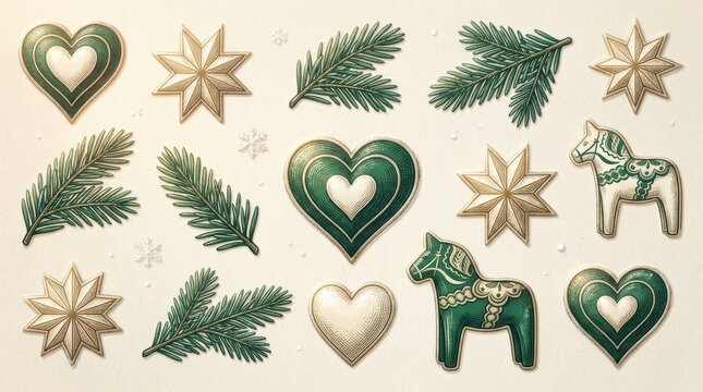 Vintage christmas ornaments collection with green hearts, dala horses, stars, and pine branches