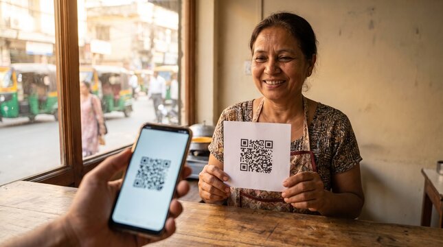 Smiling small shop owner holding QR code payment sign