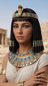 Stunning portrait of an Egyptian queen in traditional royal attire with headdress and collar