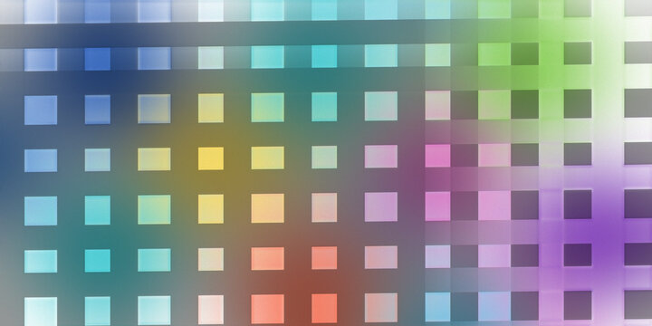 Vibrant geometric grid pattern with rainbow gradient light background.