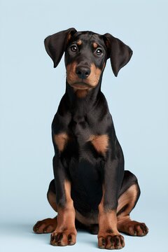 Doberman Puppy Studio Portrait Blue Background Copy Space Pet Photography