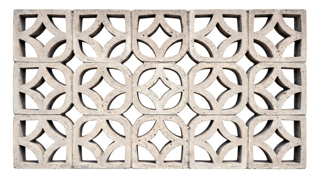 Rectangular concrete breeze block wall with a repeating geometric pattern of curved arches and central diamond shapes, isolated on a white background