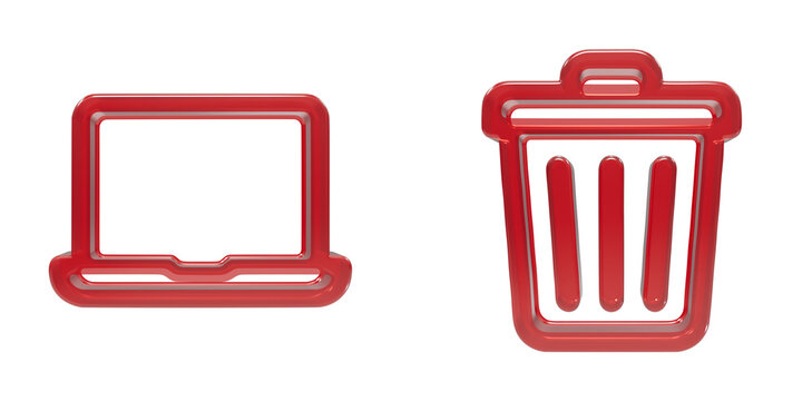 Shiny red computer laptop and trash can icons representing digital maintenance and file management computing concepts