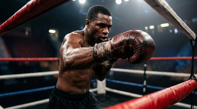 Professional boxer shadowboxing in a ring corner during an intense training session.